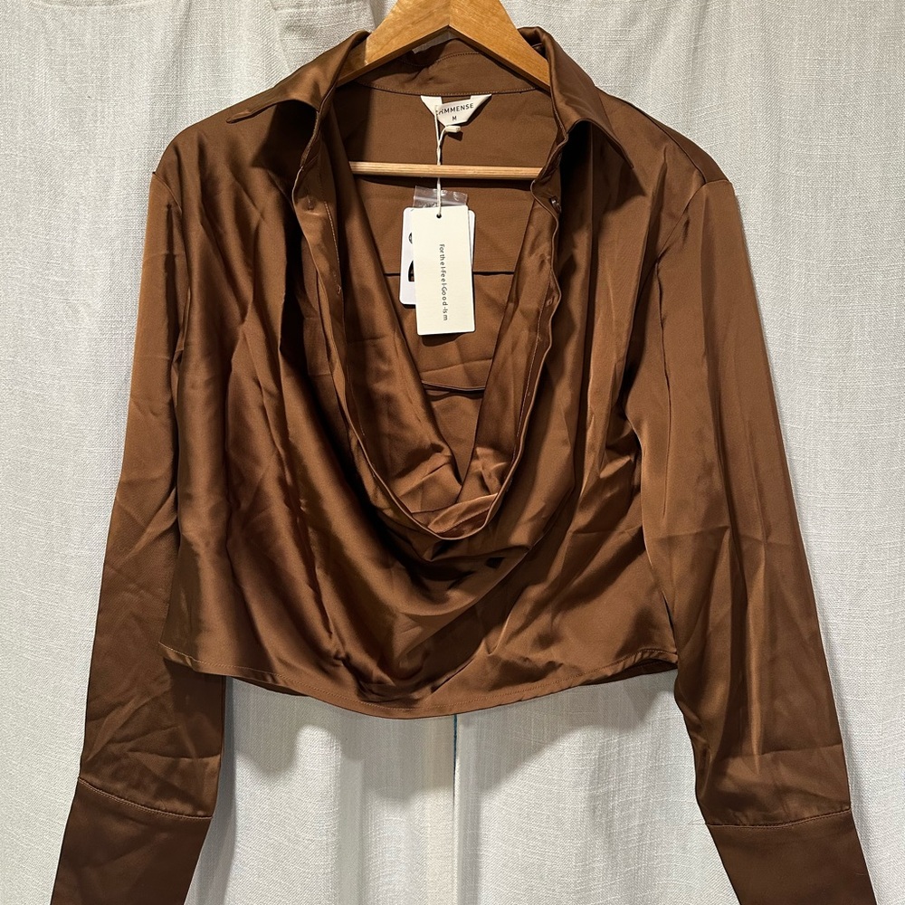 Button Cowl Neck Long Sleeve Shirt